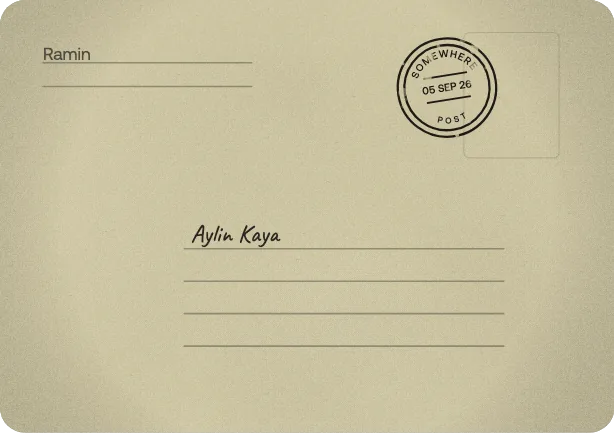 The address side of the envelope: a return address, a franking box, a postmark and an address block.